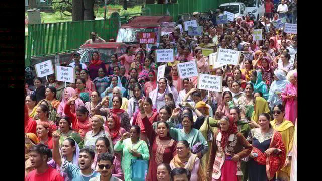 People stage a protest against Bijli Mahadev ropeway project in Kullu. (Aqil Khan /HT)