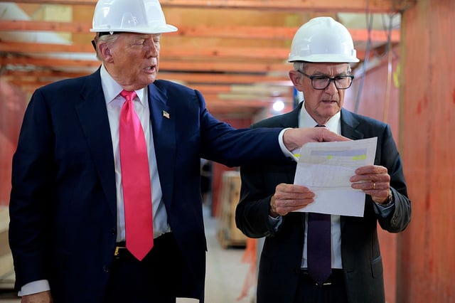 U.S. President Donald Trump and Federal Reserve Chair Jerome Powell tour the Federal Reserve’s $2.5 billion headquarters renovation project on July 24, 2025 in Washington, DC.  