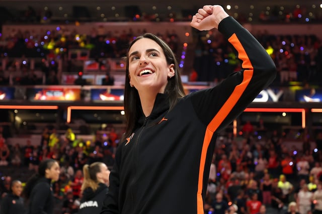 Caitlin Clark #22 of the Indiana Fever reacts on court prior to the 2025 AT&amp;T WNBA All-Star Game at Gainbridge Fieldhouse on July 19, 2025 in Indianapolis, Indiana.
