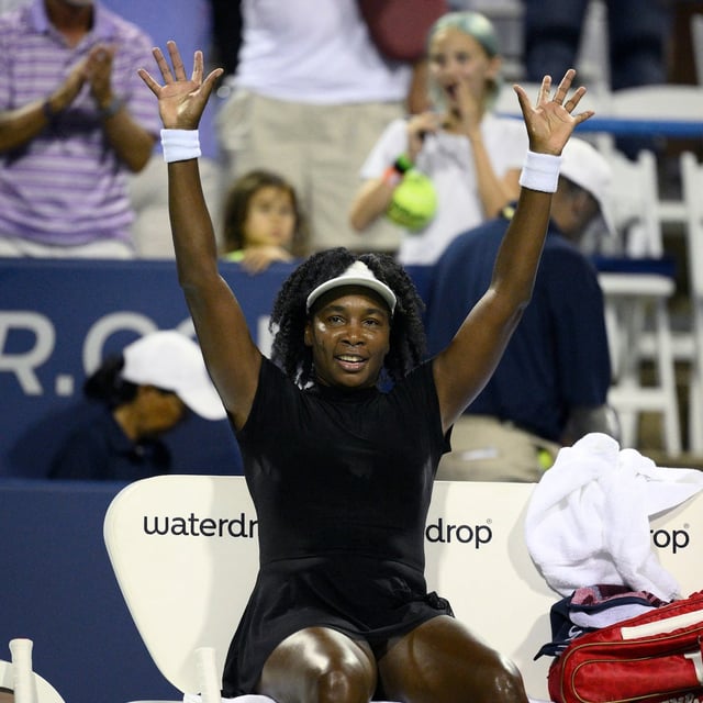 Venus Williams waves to the crowd after she lost to Magdalena Frech, of Poland, during a match at the Citi Open tennis tournament Thursday, July 24, 2025, in Washington. (AP Photo/Nick Wass)