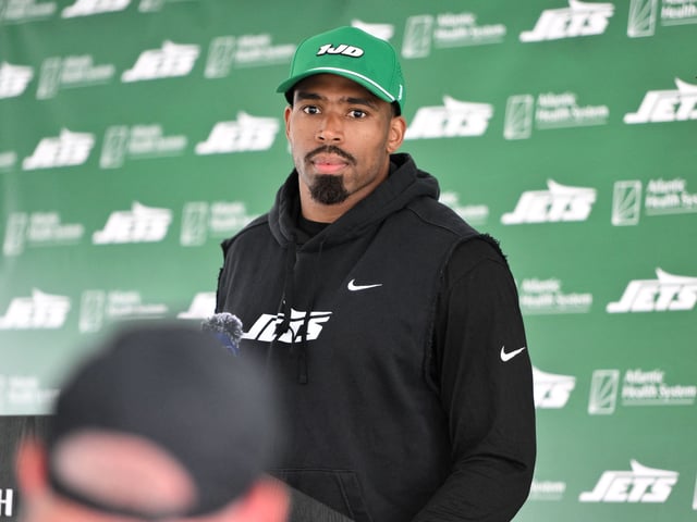 Jul 25, 2024; Florham Park, NJ, USA; New York Jets safety Chuck Clark (36) speaks to the media after training camp at Atlantic Health Jets Training Center. Mandatory Credit: John Jones-USA TODAY Sports/ File Photo