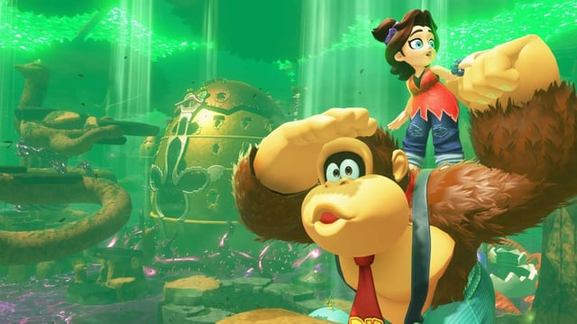In “Donkey Kong Bananza,” the title character and his sidekick Pauline explore fantastical underground environments like this forest. (Nintendo)