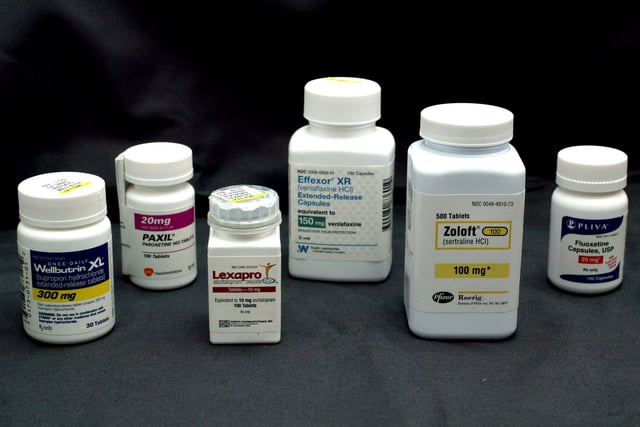 MIAMI, FL - MARCH 23: Bottles of antidepressant pills Wellbutrin (L-R) , Paxil, Lexapro, Effexor, Zoloft and Fluoxetine are shown March 23, 2004 photographed in Miami, Florida. The Food and Drug Administration asked makers of popular antidepressants to add or strengthen suicide-related warnings on their labels as well as the possibility of worsening depression especially at the beginning of treatment or when the doses are increased or decreased. (Photo Illustration by Joe Raedle/Getty Images)