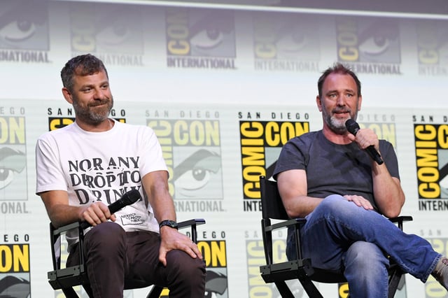 Matt Stone and Trey Parker (right( speak onstage during Comedy Central Adult Animation’s: South Park, Beavis &amp; Butt-Head, Digman! panel at San Diego Comic-Con on July 24, 2025.