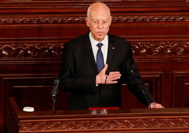 Tunisia's President Kais Saied gestures during his swearing-in ceremony for his second term at the parliament in Tunis, Tunisia October 21, 2024. REUTERS/Zoubeir Souissi/File Photo