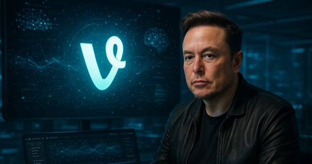 Ilustración generada por inteligencia artificial que muestra a Elon Musk frente a una pantalla con el logotipo modernizado de Vine y gráficos relacionados con inteligencia artificial, en un entorno tecnológico con iluminación tenue