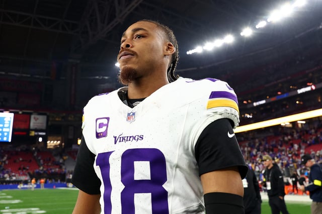 Jan 13, 2025; Glendale, AZ, USA; Minnesota Vikings wide receiver Justin Jefferson (18) reacts after the  NFC wild card game against the Los Angeles Rams at State Farm Stadium. Mandatory Credit: Mark J. Rebilas-Imagn Images/ File Photo