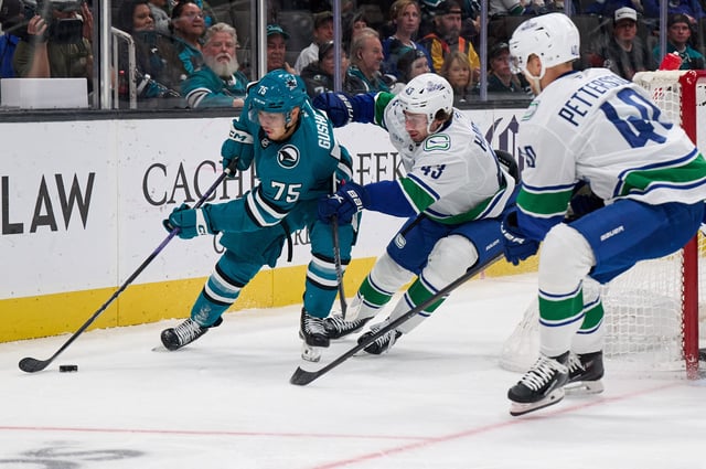 Nov 2, 2024; San Jose, California, USA; San Jose Sharks left wing Danil Gushchin (75) controls the puck against Vancouver Canucks defenseman Quinn Hughes (43) and center Elias Pettersson (40) during the second period at SAP Center at San Jose. Mandatory Credit: Robert Edwards-Imagn Images/ File Photo