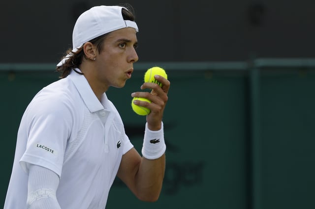 Jul 3, 2025; Wimbledon, United Kingdom; Arthur Cazaux (FRA) blows on his hand prior to serving against Alex de Minaur (AUS)(not pictured) on day four of The Championships Wimbledon 2025 at All England Lawn Tennis and Croquet Club. Mandatory Credit: Geoff Burke-Imagn Images/ File Photo