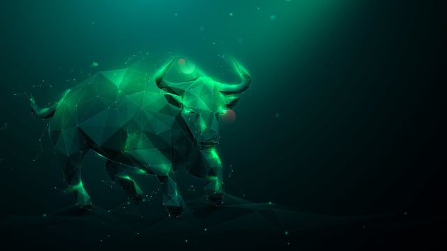 a green digitized bull runs
