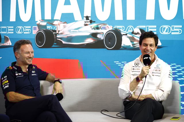 Red Bull Racing Team Principal Christian Horner and Mercedes GP Executive Director Toto Wolff talk in the Team Principals Press Conference during practice ahead of the F1 Grand Prix of Miami at Miami International Autodrome on May 05, 2023 in Miami, Florida.