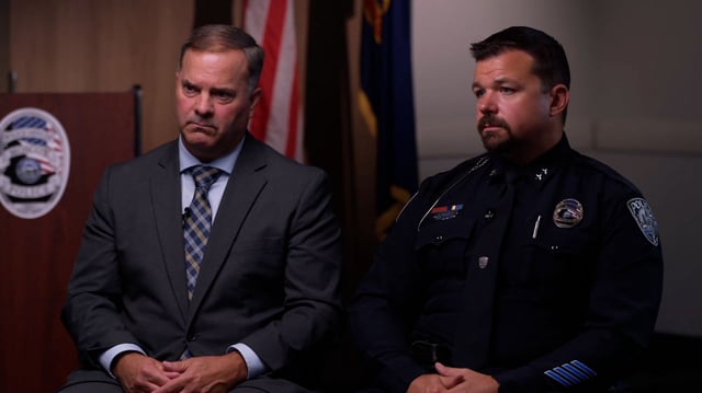 Idaho State Police Lt. Darren Gilbertson, left, and Moscow Police Chief Anthony Dahlinger speak during an interview in Moscow, Idaho, on July 25, 2025.