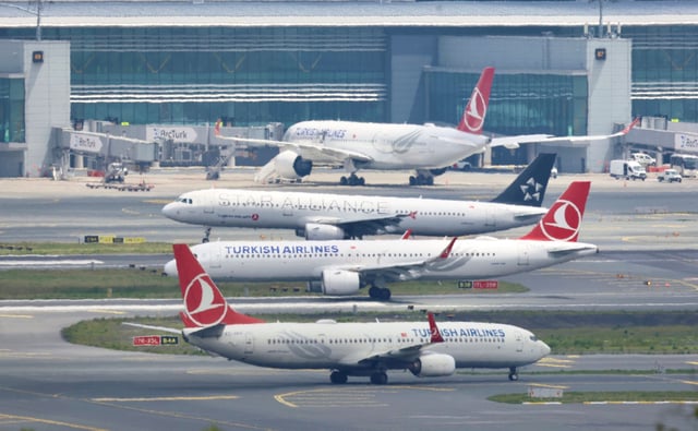 Turkish Airlines aircrafts are seen on the tarmac of the Istanbul Grand Airport in Istanbul, Turkey on May 23, 2023.