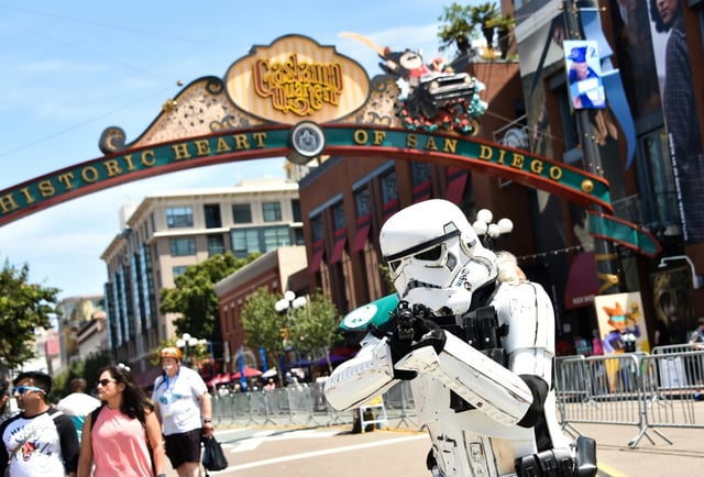 A fan dressed as a Star Wars stormtrooper poses at Comic Con International in San Diego, California