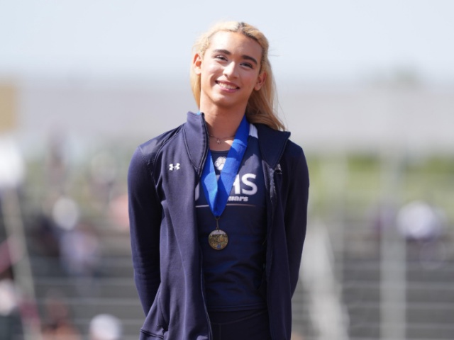 Transgender athlete AB Hernandez of Jurupa Valley poses with gold medal after winning the girls long jump at 19-3 1/2 (5.88m) during the CIF Southern Section Masters Meet at Moorpark High School on May 24, 2025 in Moorpark, California. (Photo by Kirby Lee/Getty Images)