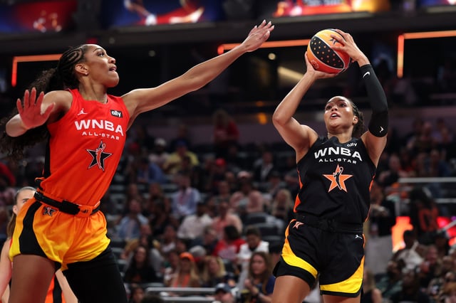 Napheesa Collier #24 of the Minnesota Lynx shoots the ball against A’ja Wilson #22 of the Las Vegas Aces during the 2025 AT&amp;T WNBA All-Star Game at Gainbridge Fieldhouse on July 19, 2025 in Indianapolis, Indiana.