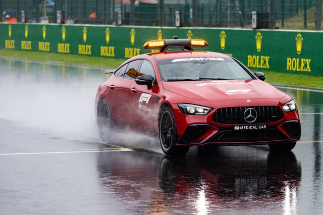 Safety car drives on the wet track during the red flag in FP3 ahead of the F1 Grand Prix of Belgium at Circuit de Spa-Francorchamps on July 27, 2024 in Spa, Belgium.