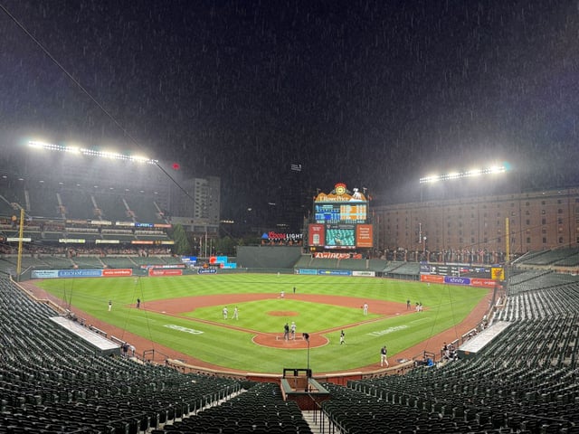 The Orioles and Colorado Rockies played through steady rain on Friday night after Camden Yards cleared the lower seating bowl of fans because of lightning in the area. (Jacob Calvin Meyer/Staff)