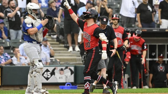 Jul 25, 2025; Chicago, Illinois, USA;  Chicago White Sox shortstop Chase Meidroth (10) points after hitting a home run during the first inning against the Chicago Cubs at Rate Field. Mandatory Credit: Matt Marton-Imagn Images