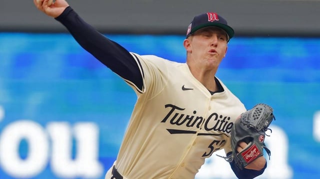 Jul 25, 2025; Minneapolis, Minnesota, USA; Minnesota Twins starting pitcher Zebby Matthews (52) throws to the Washington Nationals in the first inning at Target Field. Mandatory Credit: Bruce Kluckhohn-Imagn Images