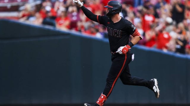Jul 25, 2025; Cincinnati, Ohio, USA; Cincinnati Reds catcher Tyler Stephenson (37) runs the bases after hitting a solo home run in the second inning against the Tampa Bay Rays at Great American Ball Park. Mandatory Credit: Katie Stratman-Imagn Images