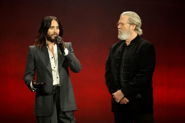 Jared Leto (L) and Jeff Bridges promote the upcoming movie “Tron: Ares” during a Walt Disney Studios presentation at CinemaCon, the official convention of Cinema United, in Las Vegas, Nevada, U.S. April 3, 2025. REUTERS/Steve Marcus/File Photo