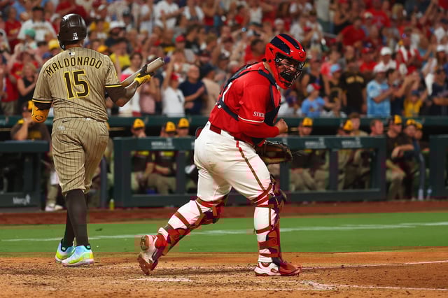 ST LOUIS, MISSOURI – JULY 25: Yohel Pozo #63 of the St. Louis Cardinals celebrates after catching the third strike to beat the San Diego Padres at Busch Stadium on July 25, 2025 in St Louis, Missouri. (Photo by Dilip Vishwanat/Getty Images)