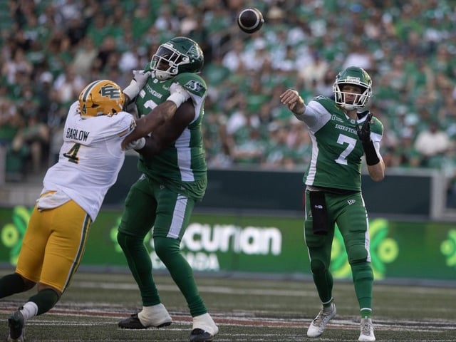 Saskatchewan Roughriders quarterback Trevor Harris (7) throws the ball during the first half of CFL regular season action inside Mosaic Stadium on Friday, July 25, 2025 in Regina.