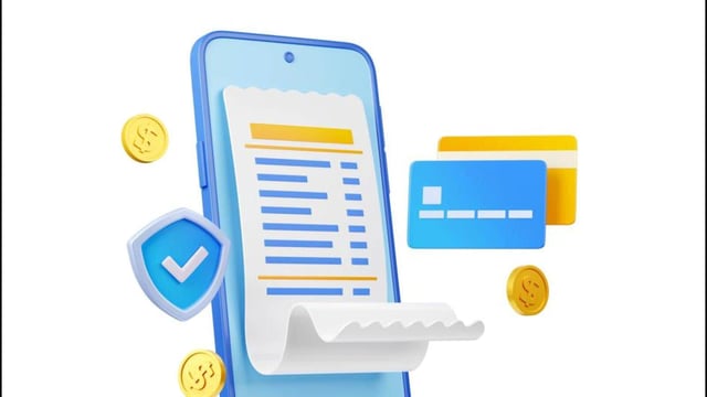 Online payment security concept with mobile phone, bank cards, bill, gold coins and shield with check mark. Safe financial transfer with smartphone, credit cards and receipt, 3d render illustration