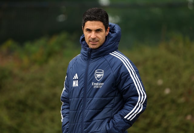 LONDON COLNEY, ENGLAND - MAY 06: Mikel Arteta, Manager of Arsenal, looks on during a training session and press conference ahead of their UEFA Champions League 2024/25 semi final first/second leg match at Sobha Realty Training Centre on May 06, 2025 in London Colney, England. (Photo by Alex Davidson/Getty Images)