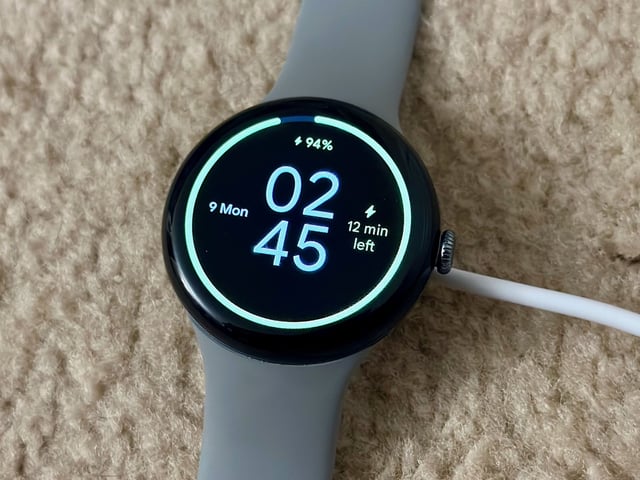 The Google Pixel Watch 3, charging close to 100%
