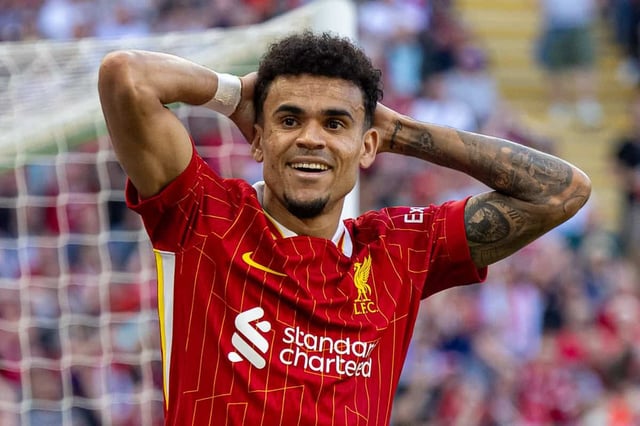 LIVERPOOL, ENGLAND - Saturday, May 18, 2024: Liverpool's Luis Díaz reacts after missing a chance during the FA Premier League match between Liverpool FC and Wolverhampton Wanderers FC at Anfield. Liverpool won 2-0. (Photo by David Rawcliffe/Propaganda)