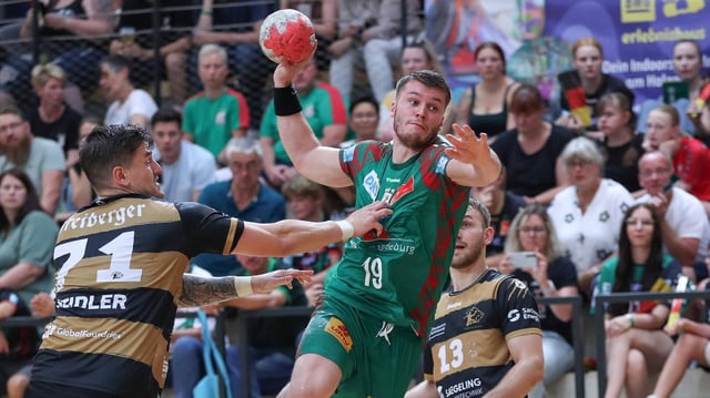 Oliver Seidler (Dresden, 71) und Elvar Oern Jonsson (Magdeburg, 19) im Zweikampf