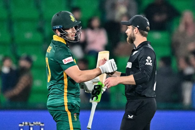 South Africa&#39;s David Miller (L) is congratulated by New Zealand&#39;s Kane Williamson for his innings and scoring a century (100 runs) at the end of the ICC Champions Trophy one-day international (ODI) semi-final cricket match between New Zealand and South Africa at the Gaddafi Stadium in Lahore on March 5, 2025.