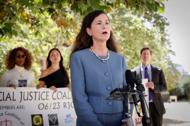 Attorney Gay Crosthwait Grunfeld speaks at a press conference outside the Federal Courthouse in downtown San Diego on Thursday, July 24, 2025. (Photo by Sandy Huffaker for The San Diego Union-Tribune)