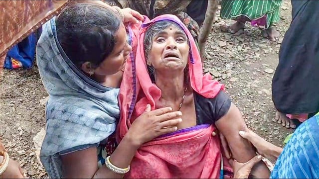 Parents mourn the death of their children after the roof of the Piplodi Primary School building collapsed, claiming the lives of seven students and injuring several others, in Rajasthan’s Jhalawar. (ANI Twitter)