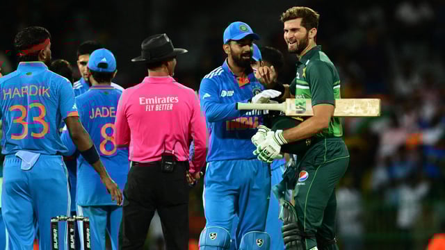 Indian players celebrate their victory at the end of the Asia Cup 2023 super four match against Pakistan