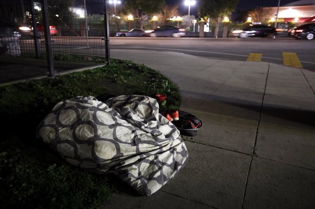 FILE: A homeless person, with only a sheet for shelter, sleeps  at the edge of Tiara Street Park in North Hollywood on January 23, 2024. 