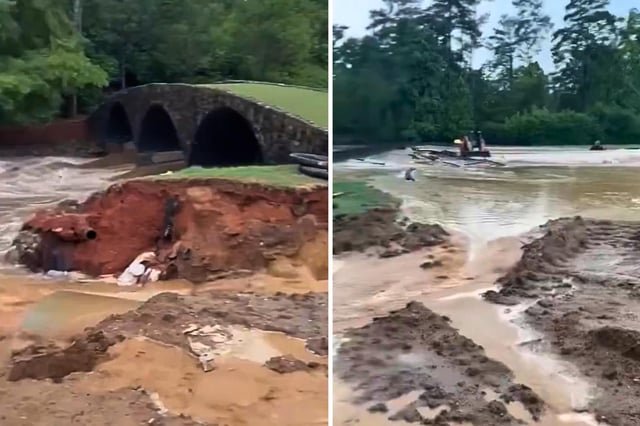 Newly released video shows Augusta National being overwhelmed by floodwaters. (Image Credits: Screenshot @GOLF_com/X)