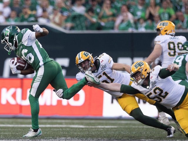 REGINA, SASK : July 25, 2025-- Saskatchewan Roughriders receiver Drae McCray (86) runs the ball during the first half of CFL regular season action inside Mosaic Stadium on Friday, July 25, 2025 in Regina. KAYLE NEIS / Regina Leader-Post