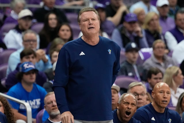 Jan. 22, 2025; Fort Worth, Texas; Kansas basketball coach Bill Self reacts after a play during a game against TCU at Ed and Rae Schollmaier Arena.