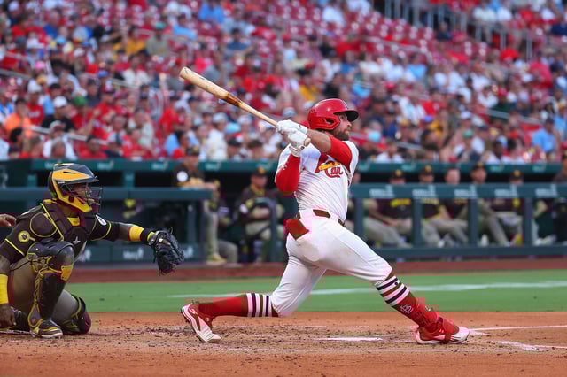 ST LOUIS, MISSOURI - JULY 24: Brendan Donovan #33 of the St. Louis Cardinals hits a three-run home run against the San Diego Padres in the second inning at Busch Stadium on July 24, 2025 in St Louis, Missouri.