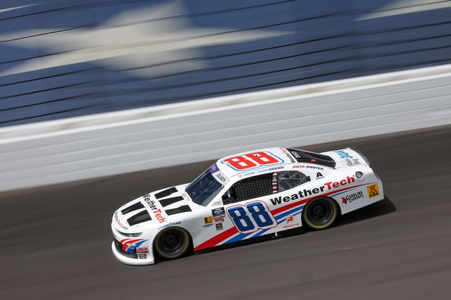 Connor Zilisch, driver of the #88 WeatherTech Chevrolet, drives during practice for the NASCAR Xfinity Series Pennzoil 250 at Indianapolis Motor Speedway on July 25, 2025 in Indianapolis, Indiana.