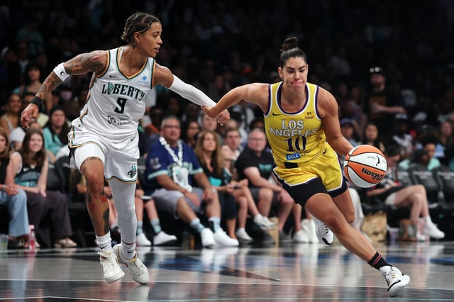 Kelsey Plum #10 of the Los Angeles Sparks dribbles against Natasha Cloud #9 of the New York Liberty during the second half at Barclays Center on July 03, 2025 in the Brooklyn borough of New York City. The Liberty won 89-79.