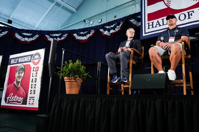 Former Houston Astros closer Billy Wagner listens to questions during news conference ahead of his induction into the National Baseball Hall of Fame in Cooperstown, N.Y., Saturday, July 26, 2025.