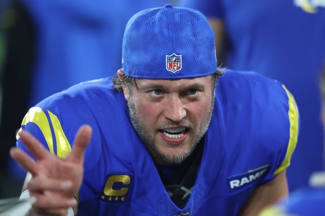 Jan 13, 2025; Glendale, AZ, USA; Los Angeles Rams quarterback Matthew Stafford (9) reacts during the first half in an NFC wild card game at State Farm Stadium. Mandatory Credit: Mark J. Rebilas-Imagn Images/File Photo