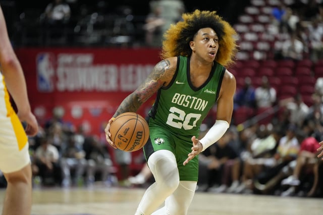 Jul 15, 2024; Las Vegas, NV, USA; Boston Celtics guard JD Davison (20) controls the ball against the Los Angeles Lakers during the second half at Thomas & Mack Center. Mandatory Credit: Lucas Peltier-USA TODAY Sports/File Photo