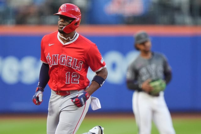 Angels’ Jorge Soler (12) runs the bases after hitting a home run during the second inning of a baseball game against the New York Mets Tuesday, July 22, 2025, in New York. (AP Photo/Frank Franklin II)
