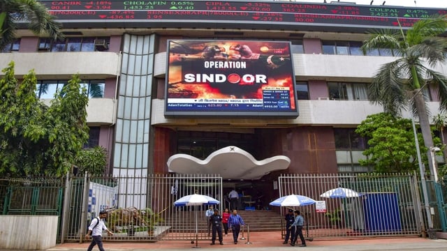 'Operation Sindoor' visual being displayed on a screen outside the Bombay Stock Exchange (BSE) building, in Mumbai. PTI