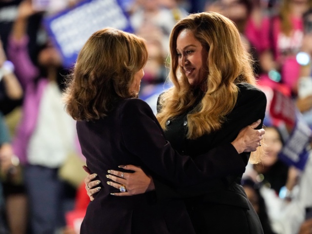 Houston native Beyoncé Knowles hugs Vice President Kamala Harris during her rally Friday, Oct. 25, 2024 at Shell Energy Stadium in Houston. (Yi-Chin Lee/Houston Chronicle via Getty Images)